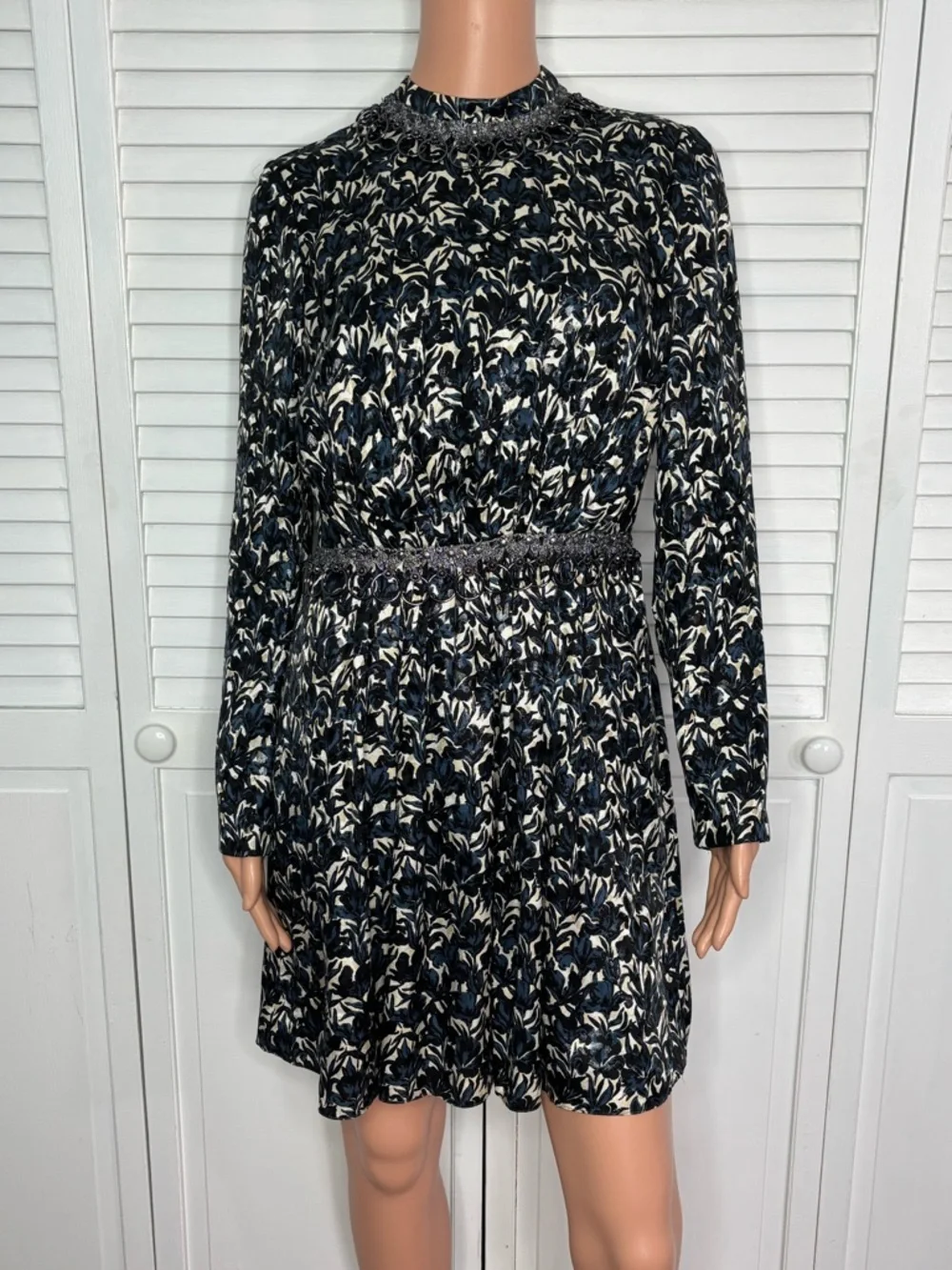 TORY BURCH Embellished Navy & Tan Metallic Floral Brocade Dress Size 4